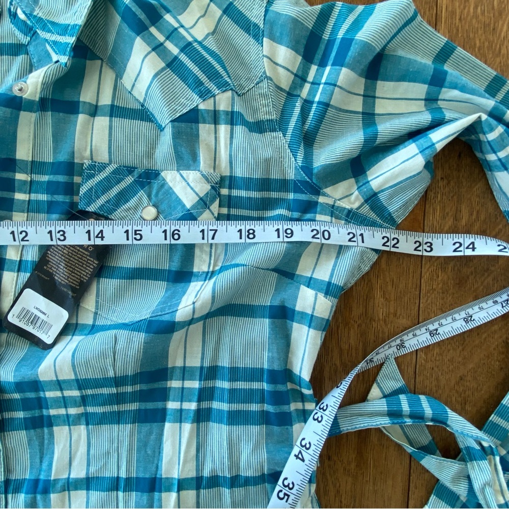 New Wrangler Teal and White Plaid Long Sleeve Dress Snap Buttons - Picture 9 of 12